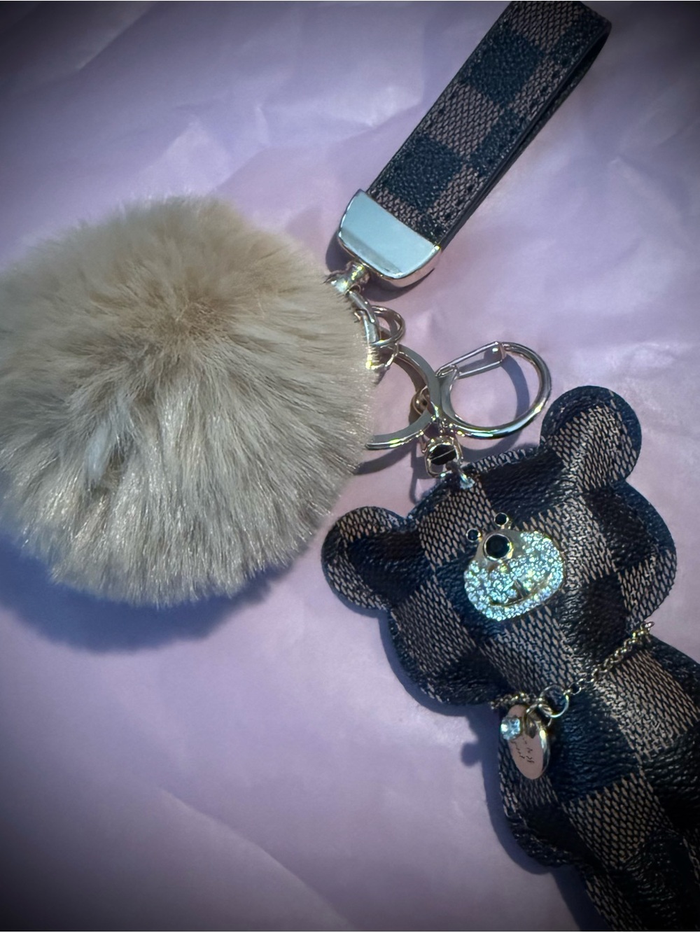 Faux Leather Checkered Bear Pom-Pom Keychain - Picture 1 of 4